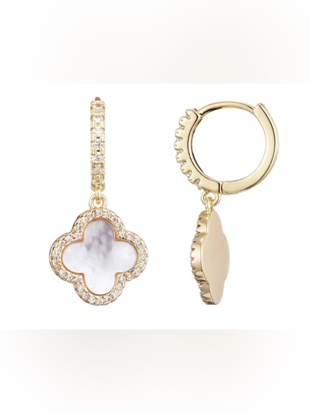 Adina Eden Gold Hoop Earrings with White Mother-of-Pearl & Pace CZ Clover Drops